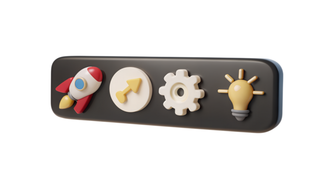3D Startup Icons Set Rocket Arrow Gear and Lightbulb on transparent background on white background