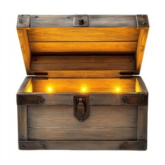 A rustic wooden chest with an open lid, displaying a weathered wood grain and metal accents, centered on a white background
