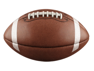 Close-up of a brown American football.  Stitched leather ball,  showing prominent white laces and  stitching.  High-quality rendering