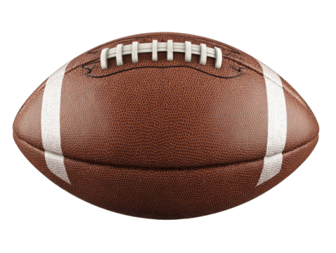 Close-up of a brown American football.  Stitched leather ball,  showing prominent white laces and  stitching.  High-quality rendering