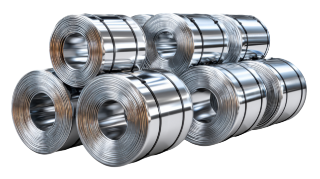 Steel Coils: A collection of metallic steel coils, perfectly aligned, gleaming with industrial might. Ideal for illustrating strength, and the backbone of modern industry.