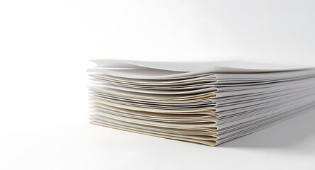 A neat stack of white papers or documents against a clean, minimalist white background, ideal for business, office, and administrative themes - Generative AI