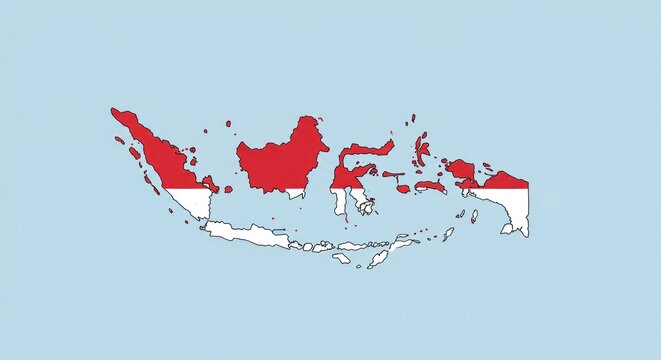 Indonesian archipelago map filled with red and white flag on a light blue background