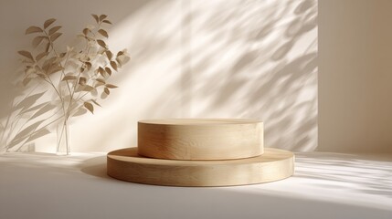 Elegance in Display: A minimalist scene unveils a wooden podium adorned with delicate foliage, creating a serene backdrop for product presentation.