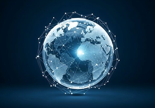 Abstract representation of a digital Earth globe with interconnected lines and points, symbolizing global communication, data, and network connections.