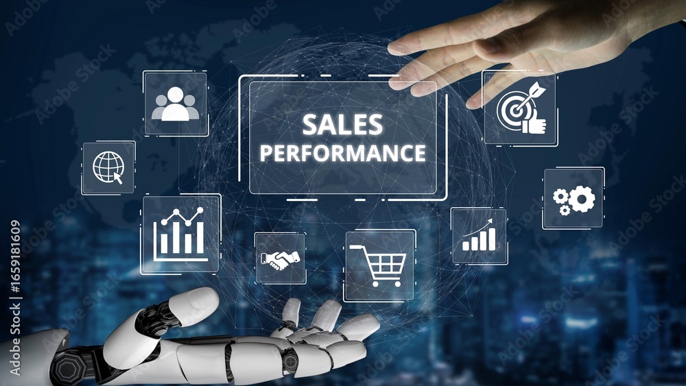Poster digital sales performance dashboard showing sales performance metrics, performance trends, sales per