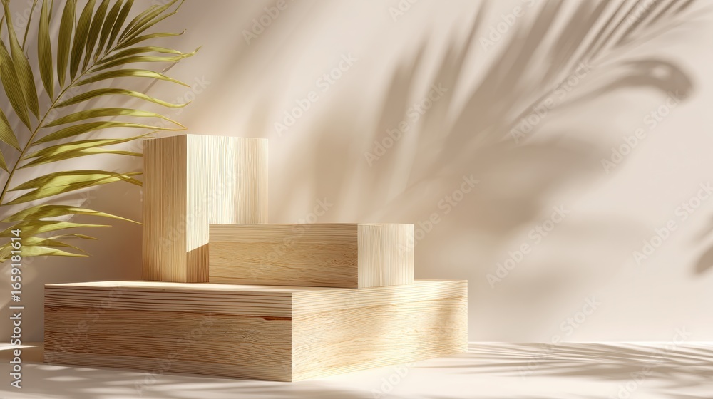 Poster product display: a minimalist composition featuring a wooden display stand adorned with palm leaves,