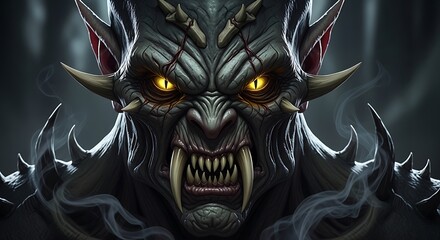 Naklejka premium Intense Close Up of a Fearsome Demon Creature with Glowing Eyes and Sharp Teeth Illustration for Dark Fantasy Themes