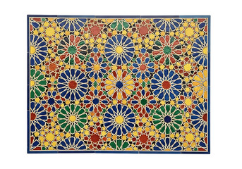 Obraz premium Colorful geometric pattern of stars and flowers filling a rectangular frame with intricate details and vibrant colors, creating a mesmerizing and artistic impression.