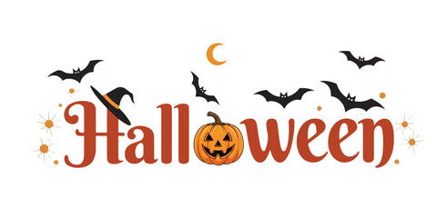 Fototapeta premium Halloween Typography with Pumpkins, Bats, Ghosts and Spooky Elements Vector Set
