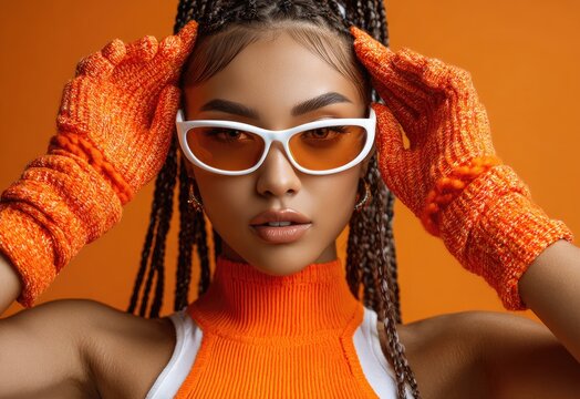 an androgynous woman with white eyebrows, wearing big orange gloves on her hands and sunglasses.