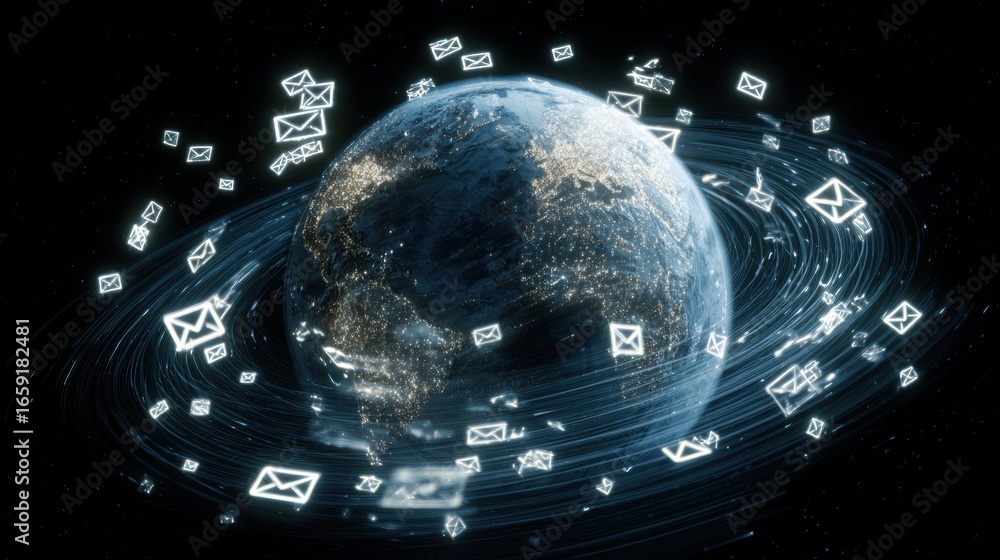Poster global connectivity: the planet is enveloped by streams of digital communication, with envelopes orb