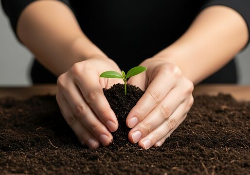 Fototapeta Close-up of gentle hands cupping a young green plant sprout in rich dark soil, symbolizing growth, care, and new beginnings. Ideal for nature, environment, and gardening themes.