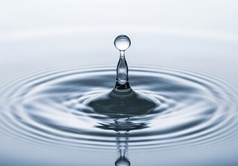 A captivating high-speed photograph captures a single water droplet frozen in time as it splashes into a calm surface, generating perfect concentric ripples.