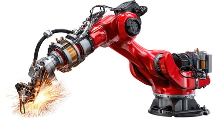 Industrial Automation: A robust robotic arm performs a precise welding task in a modern factory setting, showcasing cutting-edge technology and industry innovation.