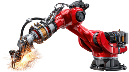 Industrial Automation: A robust robotic arm performs a precise welding task in a modern factory setting, showcasing cutting-edge technology and industry innovation.
