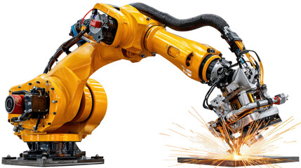Precision Welding by a Robotic Arm: A bright orange robotic arm, equipped with advanced technology, meticulously welds a metal plate.
