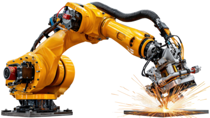 Precision Welding by a Robotic Arm: A bright orange robotic arm, equipped with advanced technology, meticulously welds a metal plate.
