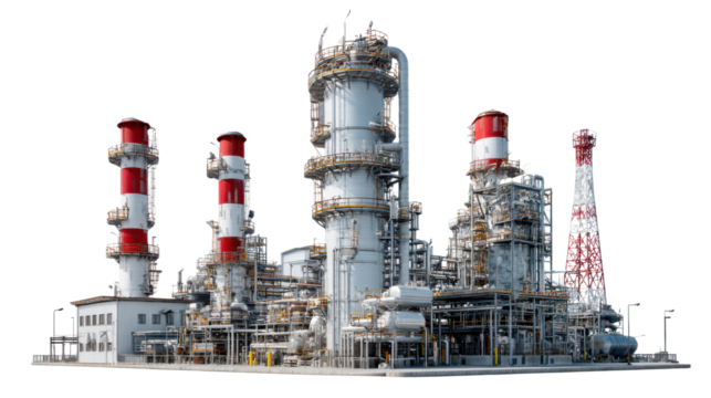 Industrial Powerhouse: Capturing a complex industrial plant in vibrant photorealism, highlighting the intricate network of pipes, towers, and structures that power modern industry.