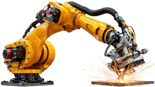 Precision Welding by a Robotic Arm: A bright orange robotic arm, equipped with advanced technology, meticulously welds a metal plate.