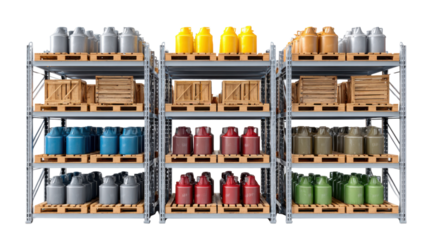 Stockpile Symphony: A well-organized array of storage shelves brimming with an assortment of containers in various colors. Each shelf is a testament to order.