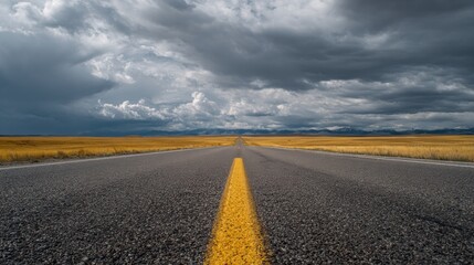 Fototapeta premium Road to the Storm: An endless road stretches into the distance, a yellow stripe guides the way, under a brooding sky suggesting anticipation and the journey ahead. 