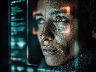 Woman, pensive, holographic interface, futuristic data