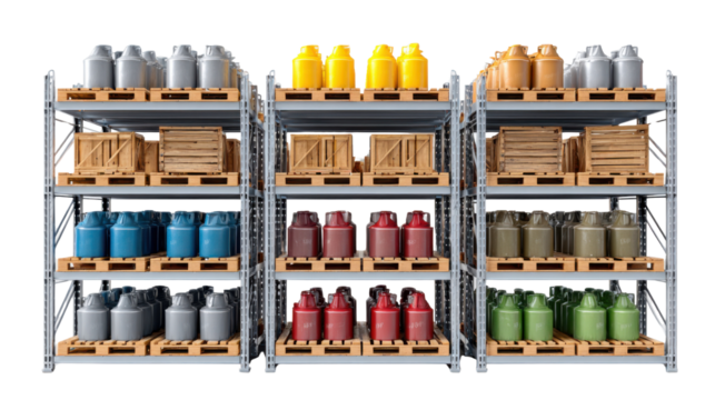 Stockpile Symphony: A well-organized array of storage shelves brimming with an assortment of containers in various colors. Each shelf is a testament to order.