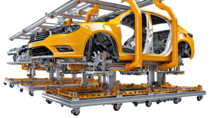 Assembly Line: A dynamic perspective showcasing the precision and intricacy of a modern automobile assembly line, highlighting the sleek.