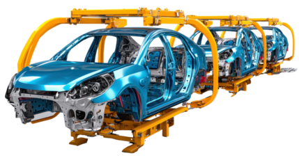 Automobile Production Line: Modern car bodies progress along an industrial assembly line, showcasing automotive manufacturing and the structured workflow.