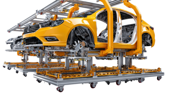 Assembly Line: A dynamic perspective showcasing the precision and intricacy of a modern automobile assembly line, highlighting the sleek.
