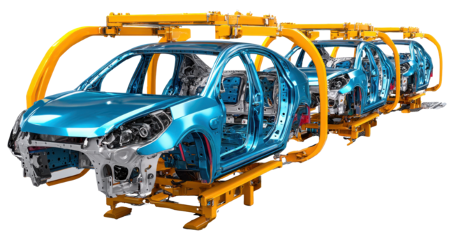 Automobile Production Line: Modern car bodies progress along an industrial assembly line, showcasing automotive manufacturing and the structured workflow.