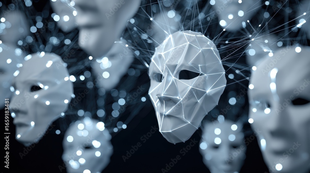 Poster abstract digital faces: a network of ethereal, interconnected faces, each a unique digital rendering