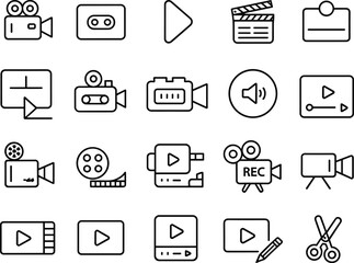 Video icons collection, media player, camcorder, film strip, recording tools, editing icons, play button, multimedia equipment, sound symbol, interface