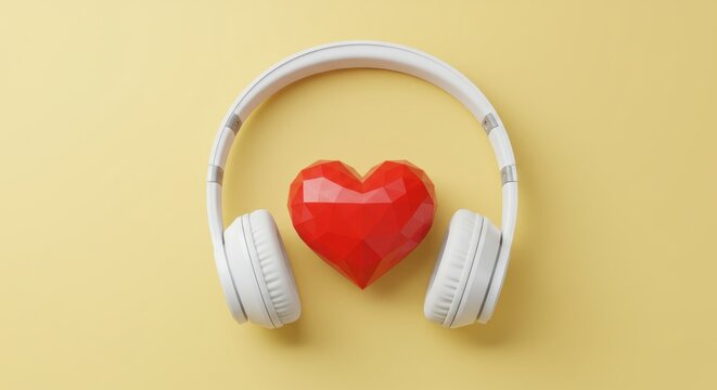 A bright yellow background shows a pair of white headphones arching over a geometric red heart. Soft lighting creates a pleasing composition