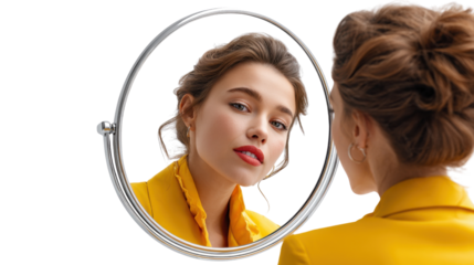 Self-Reflection: A young woman gazes into a round mirror, a captivating blend of introspection, poise, and understated glamour. Captured in a photo-realistic style.