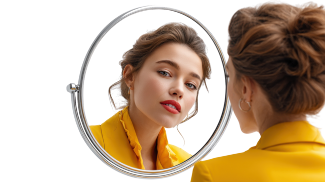 Self-Reflection: A young woman gazes into a round mirror, a captivating blend of introspection, poise, and understated glamour. Captured in a photo-realistic style.