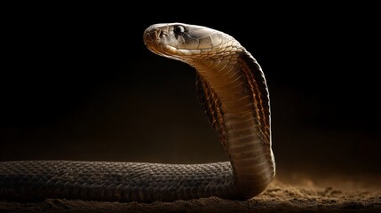 Fototapeta premium A close-up of a dangerous venomous cobra snake head with scales and a slithering tongue in the wild grass