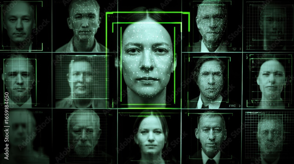 Poster face recognition technology: the image captures a network of individuals with a focus on biometric s