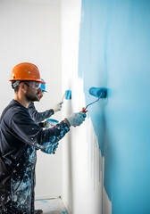 Construction worker painting interior wall with blue paint using roller in residential building, demonstrating skill and precision, creating a fresh and vibrant atmosphere.