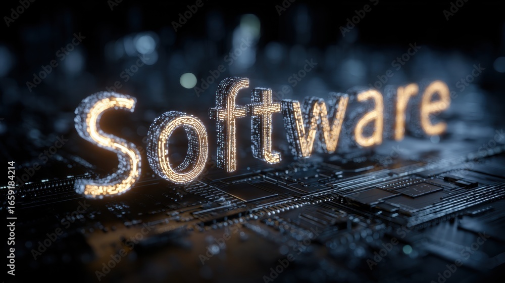 Poster digital software innovation: a luminous software inscription is set against a mesmerizing backdrop o