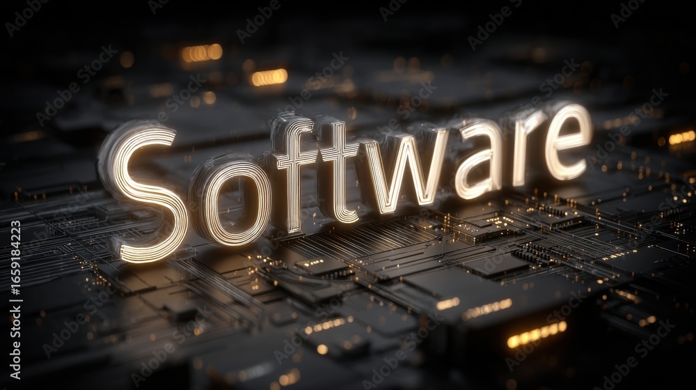 Poster the core of creation: a close-up view reveals the word software elegantly placed on a tech circuit b
