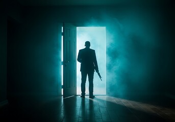 Silhouette of a man in a suit with a rifle at an open door, dramatic lighting.