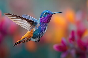 Fototapeta premium Colorful hummingbird in flight amidst vibrant flowers