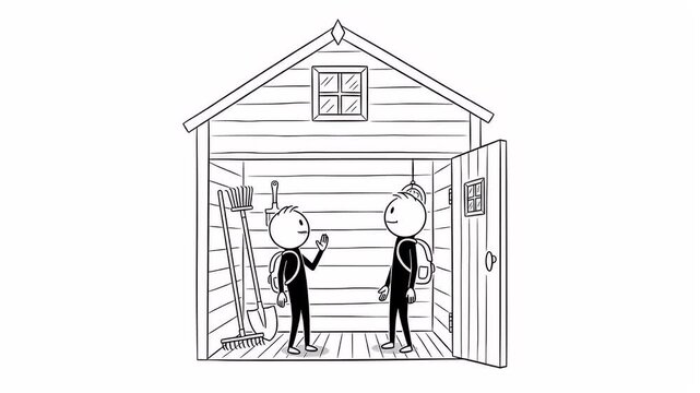 Animated Stick Figures Exchanging an Object and Waving Goodbye Inside a White Wooden Shed on Clean White Background with Rake and Garden Tools, Simple Hand Drawn Minimalist Outline Design