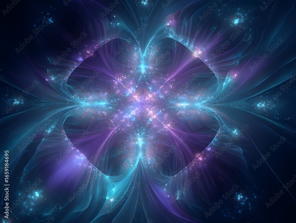 Poster abstract cosmic fractal design with vibrant colors and glowing patterns creating a mystical atmosphe