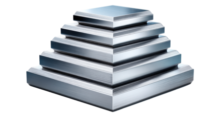 Stacked Steel Squares: An eye-level perspective of precisely stacked, gleaming steel squares, their metallic surfaces catching the light with crisp, clean lines and showcasing modern geometry.