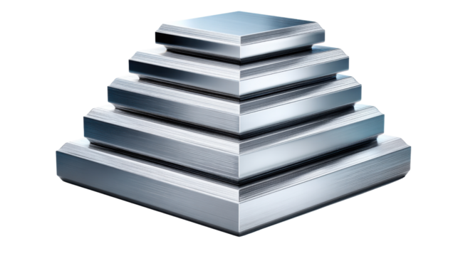 Stacked Steel Squares: An eye-level perspective of precisely stacked, gleaming steel squares, their metallic surfaces catching the light with crisp, clean lines and showcasing modern geometry.