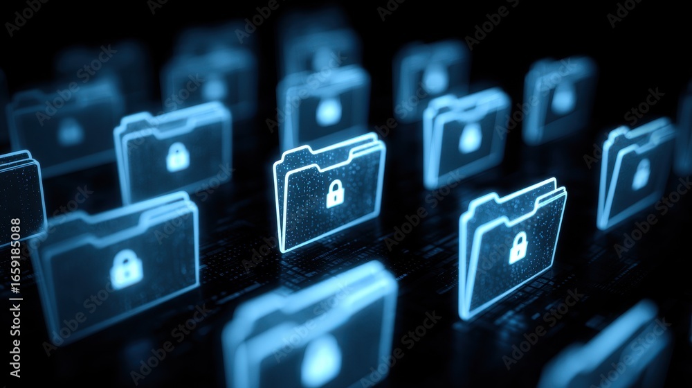 Poster digital safety: digitized folders adorned with glowing locks, highlighting the digital security of s