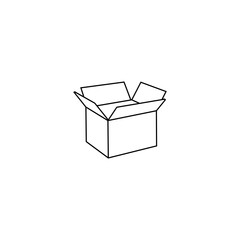 Simple, clean line art illustration of an open cardboard box.